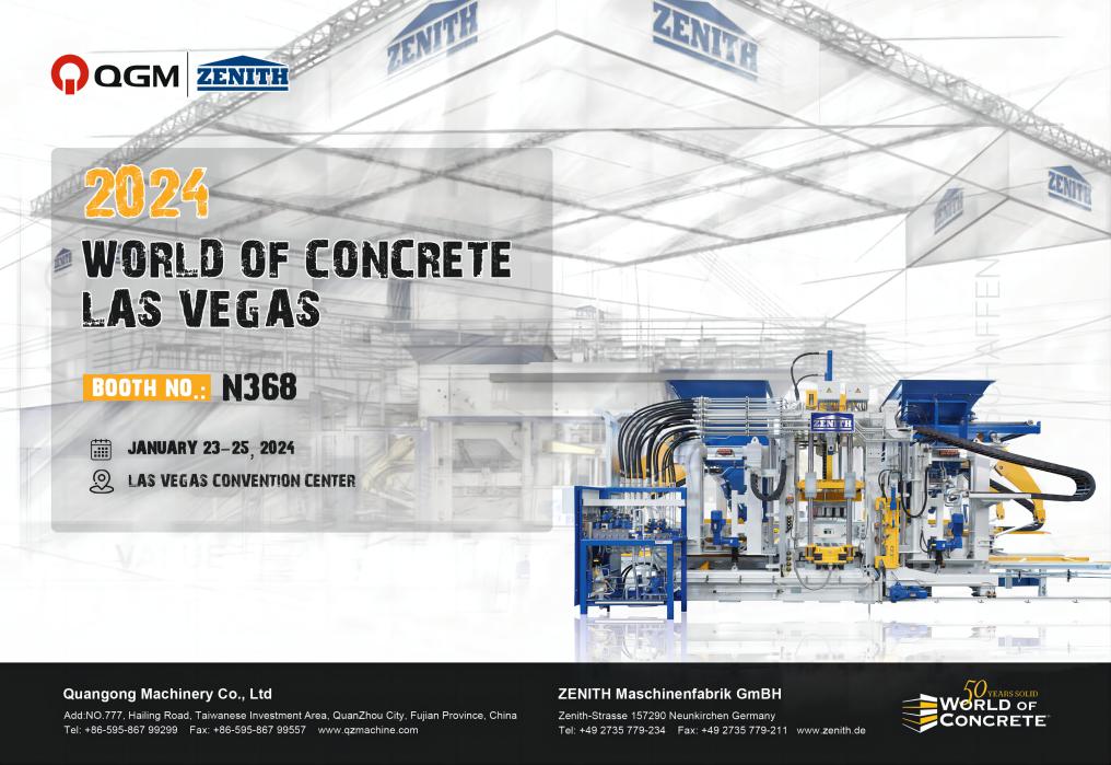 VELKOMMEN TIL AT BESØGE QGM-ZENITH BETONBLOKMASKINER PÅ STAND N368, WORD OF CONCRETE, 3-25, 2024